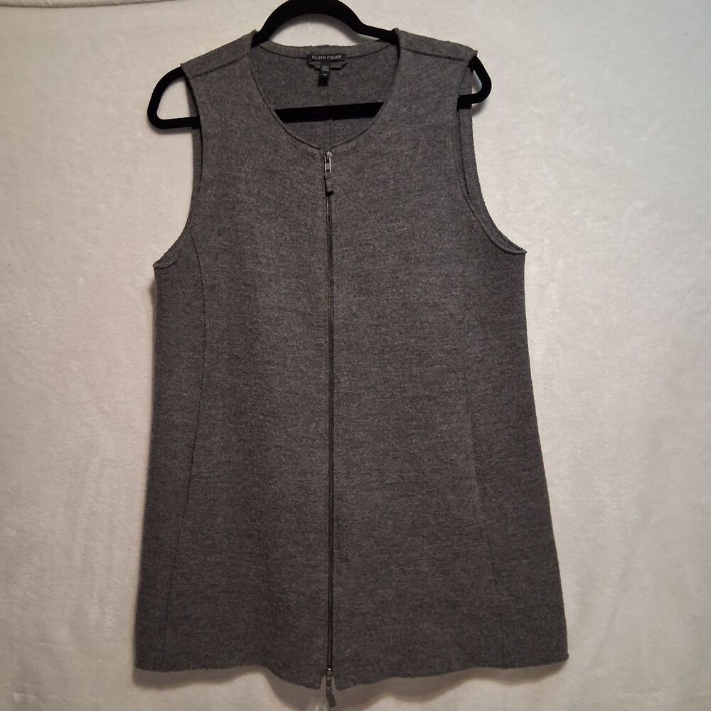 Eileen Fisher S Vest Boiled Wool Gray Full Zip Pockets Tunic Lagenlook Layering